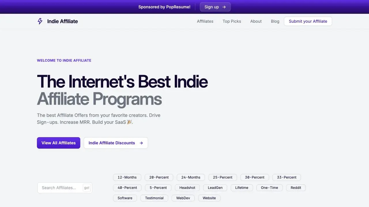 Indie Affiliate website homepage captured in July 2026