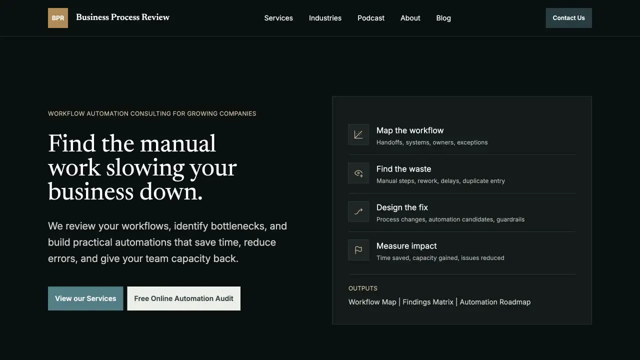 Business Process Review website homepage captured in July 2026