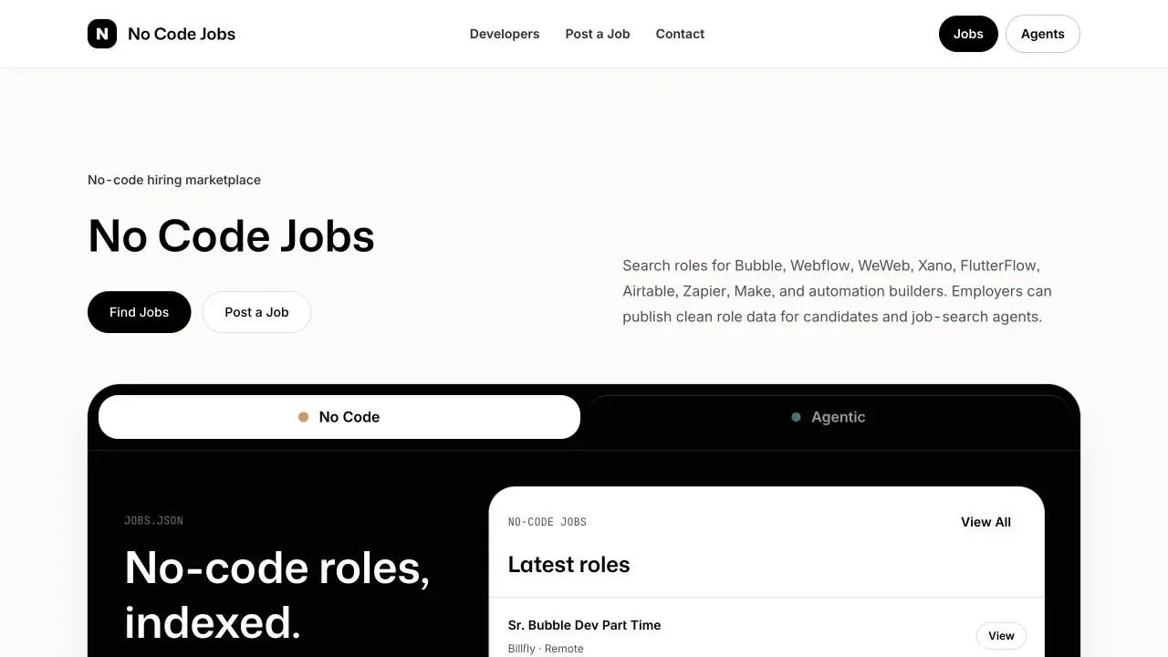 No Code Jobs website homepage captured in July 2026
