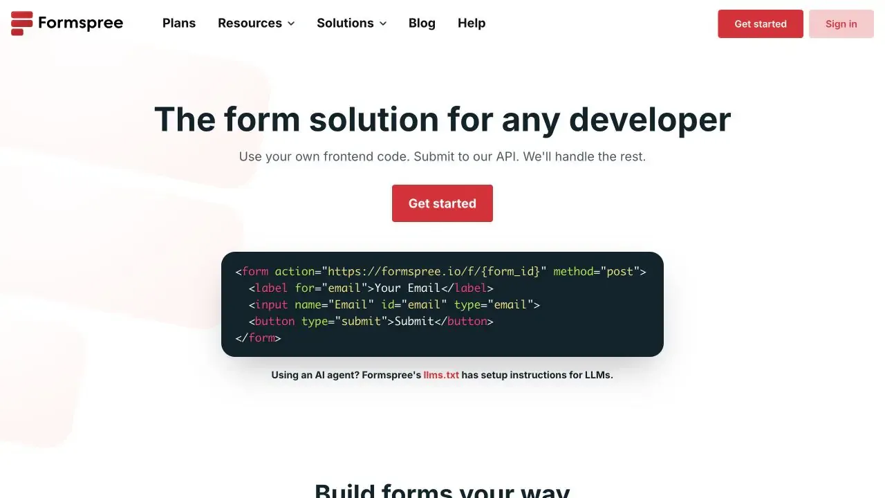 Formspree website homepage captured in July 2026