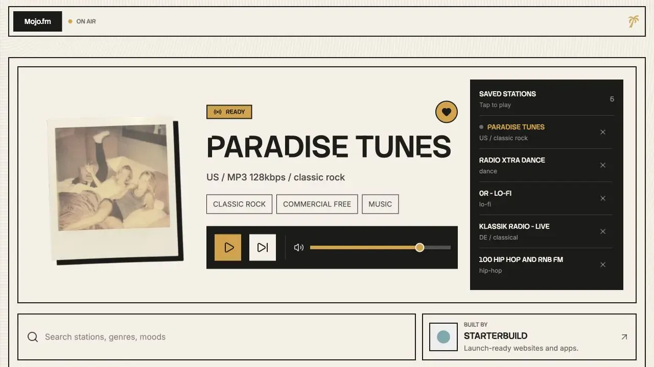 Mojo.fm website homepage captured in July 2026