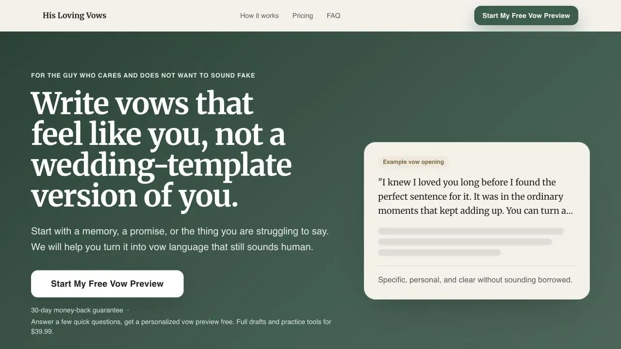 His Loving Vows website homepage captured in July 2026